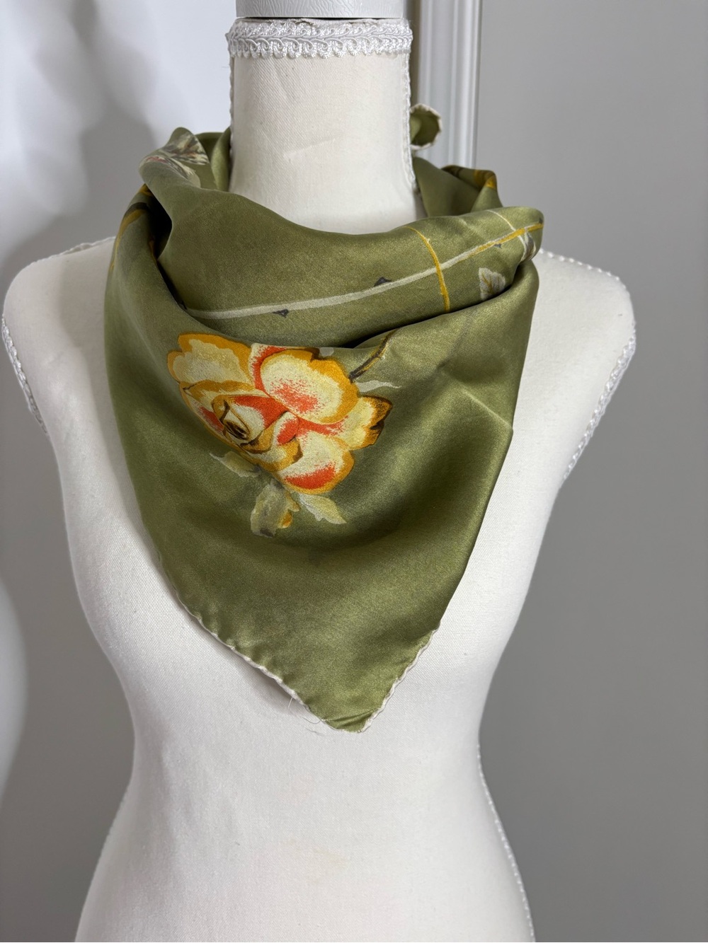 Source Unknown Olive Green Silk Floral Bandana Scarf